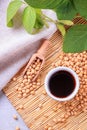 Soy sauce with soya beans scattered on a bamboo napkin against the background of burlap and branch young green pods soybean, top v