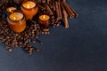 Soy scented candle in a jar. Coffee beans, anise, cinnamon spices. The candles are burning. Dark copy space background.
