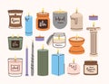 Soy wax candles flat elements. Home decorative natural candles.