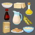 Soya food products set, milk, oil, sauce, tofu, bean, flour, healthy diet, organic vegetarian food vector Illustration Royalty Free Stock Photo