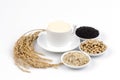 Soya, sesame seeds, soy and rice drinks ingredients healthy.