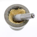 Soybean grind by stone mortar and pestle, thai cooking tool