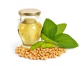 Soybean oil in a bottle with green pods and leawes.