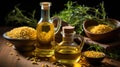 Soybean oil, Soybean oil in glass bottle with dry soy seeds on a wooden background