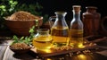 Soybean oil, Soybean oil in glass bottle with dry soy seeds on a wooden background