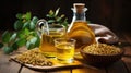 Soybean oil, Soybean oil in glass bottle with dry soy seeds on a wooden background