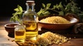 Soybean oil, Soybean oil in glass bottle with dry soy seeds on a wooden background