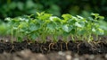 Soybean plants, sprouting on the surface, seeing the dirt underneath. AI Generated. Royalty Free Stock Photo