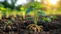 Soybean plants, sprouting on the surface, seeing the dirt underneath. AI Generated. Royalty Free Stock Photo