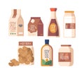 Soybean Products In Various Packaging, Including Soy Milk, Meat, Oil, Sauce and Flour. Vegetarian And Vegan Diets