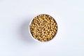 Soybean seeds in bowl, food ingredients high protein