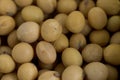 Soybean seeds are placed in the background in the top view