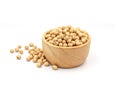 Soybean seeds in a wooden bowl isolated on white background