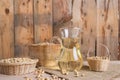 Soybean and soybean oil in jar on wood Royalty Free Stock Photo