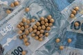 Soybeans spread over one hundred reais of brazilian money, conceptualizing agribusiness and the commodity market