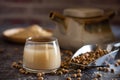 Soymilk in the glass and the kettle is placed beside. Royalty Free Stock Photo