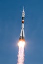 Soyuz rocket in flight carrying crew to ISS. Baikonur cosmodrome