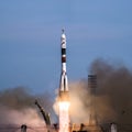 Soyuz rocket launch in Baikonur cosmodrome carrying crew to ISS Royalty Free Stock Photo