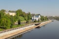 Sozh river embankment near the Palace and Park Ensemble in Gomel, Belarus. Royalty Free Stock Photo