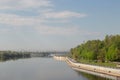 Sozh river embankment near the Palace and Park Ensemble in Gomel, Belarus. Royalty Free Stock Photo