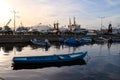 Sozopol, Bulgaria - DECEMBER 18, 2022: Fishing boats in the marina at sunset