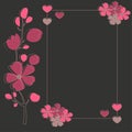 Greeting card with frame red and pink flowers and hearts on a black background Royalty Free Stock Photo