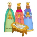 Three Wise Men Kings with gifts for Baby Jesus in Nativity Royalty Free Stock Photo