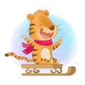 Cheerful tiger on sleigh. Enjoying the winter time.
