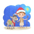 Child with donkey for greeting christmas card Royalty Free Stock Photo