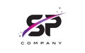 SP S P Black Letter Logo Design with Purple Magenta Swoosh