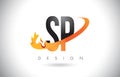 SP S P Letter Logo with Fire Flames Design and Orange Swoosh.