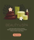 Spa accessories.Body oil, hot stones, lotion and candle on green background. Tropical spa resort