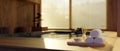 Spa accessories and copy space on Onsen bath in beautiful and relax indoor Japanese Onsen spa room