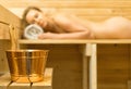 Spa accessories in sauna. Royalty Free Stock Photo