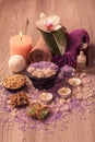 Spa accessories. Sea salt, scrub, soap and aromatic oil Royalty Free Stock Photo