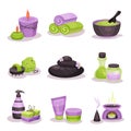 Spa accessories set, spa treatments elements with basalt stones, massage oil, candles, towels vector Illustrations