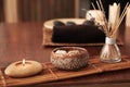 Spa accessories on table in salon Royalty Free Stock Photo