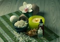 Spa accessories on wooden background Orchid flower, bowl with s Royalty Free Stock Photo