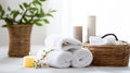 Spa accessory composition set in day spa hotel , beauty wellness center . Spa product are placed in luxury spa resort Royalty Free Stock Photo