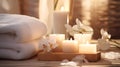 Spa accessory composition set in day spa hotel, beauty wellness centre.