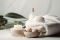 Spa accessory composition set in spa hotel , beauty wellness center . Spa product are placed in luxury spa resort room Royalty Free Stock Photo