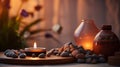 Spa, aromatherapy and candles on table for zen, calm and peace to relax for health and wellness. Royalty Free Stock Photo