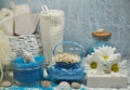 SPA - Aromatic sea salt and scented soap, scented candles and massage oil and accessories for massage and bath Royalty Free Stock Photo
