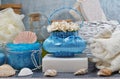 SPA - Aromatic sea salt and scented soap, scented candles and massage oil and accessories for massage and bath