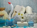 SPA - Aromatic sea salt and scented soap, scented candles and massage oil and accessories for massage and bath Royalty Free Stock Photo