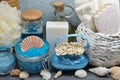 SPA - Aromatic sea salt and scented soap, scented candles and massage oil and accessories for massage and bath Royalty Free Stock Photo