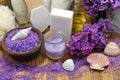 SPA - Aromatic sea salt and scented soap, scented candles and massage oil and accessories for massage and bath