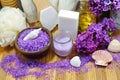 SPA - Aromatic sea salt and scented soap, scented candles and massage oil and accessories for massage and bath Royalty Free Stock Photo