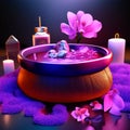 Spa background with a bowl of water, candles and flowers. generative AI Royalty Free Stock Photo