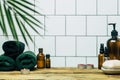 Spa background concept. Oil herb cosmetic, parfume and aroma salt for aromatherapy, massage, shower and relax